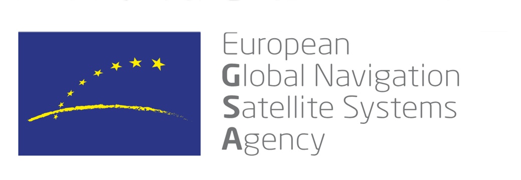 Logo of the European Global Navigation Satellite Systems Agency (GSA) with a dark blue square containing a yellow curved line and six yellow stars on the left. The text "European Global Navigation Satellite Systems Agency" is on the right.